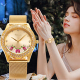 Women's Wrist Watch Crystal Mesh Stainless Steel Strap Ladies Quartz Diamond Classic Fashion Romatic Flower Gold Wrist Watches