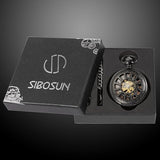 Skeleton Pocket Watch Special 12 Little Window Case Design Men Black Mechanical with Chain Box