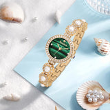 SIBOSUN Womens Watch Bracelet Watches Pearl Dress Watch Luxry Crystal Green Dial Gold Watches for Women Quartz Analog Waterproof Ladies Wrist Watch Elegant Watch for Women Stainless Steel