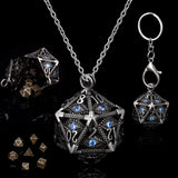 SIBOSUN Mini Metal Dice Set Hollow D20 Necklace Dice Case Metal Dice Set Keychain 7PCS Dice Set