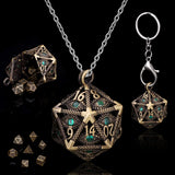 SIBOSUN Mini Metal Dice Set Hollow D20 Necklace Dice Case Metal Dice Set Keychain 7PCS Dice Set