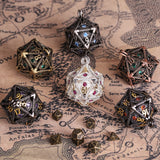 SIBOSUN Mini Metal Dice Set Hollow D20 Necklace Dice Case Metal Dice Set Keychain 7PCS Dice Set